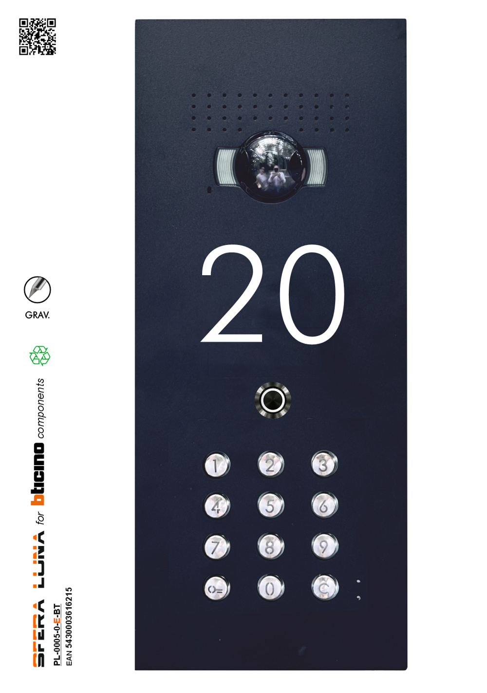 Sfera Luna Architectural Front Plate for Bticino – House Number Engraving & Keypad