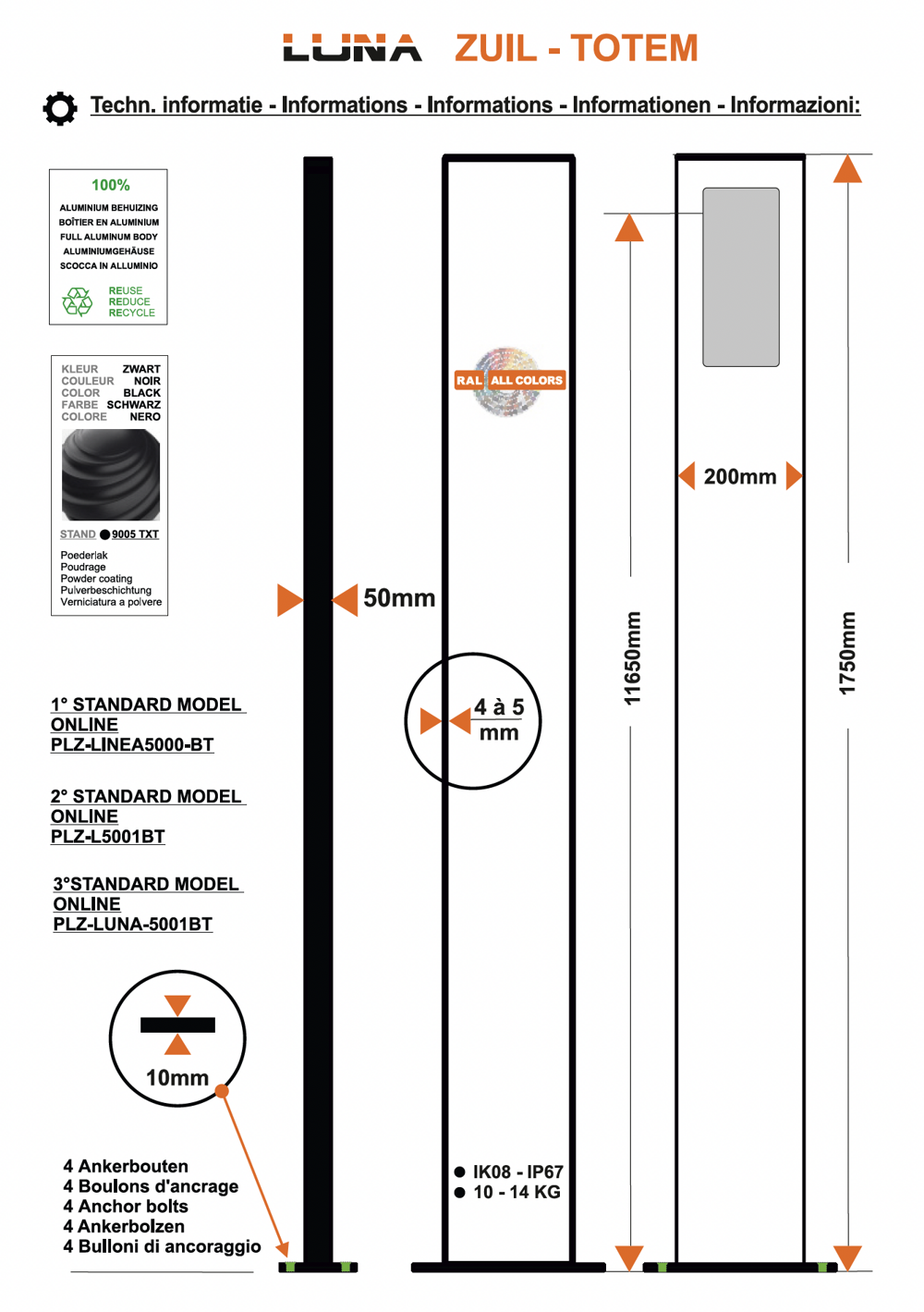 LUNA Design Colonne + LUNA5000 Plaque frontale pour écran tactile BTicino 345000